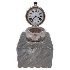 Antico calamaio da orologio inglese in argento sterling e cristallo con marchio, CIRCA 1900