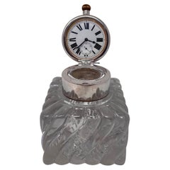 Antique English Hallmarked Sterling Silver & Crystal Clock Inkwell, Circa 1900