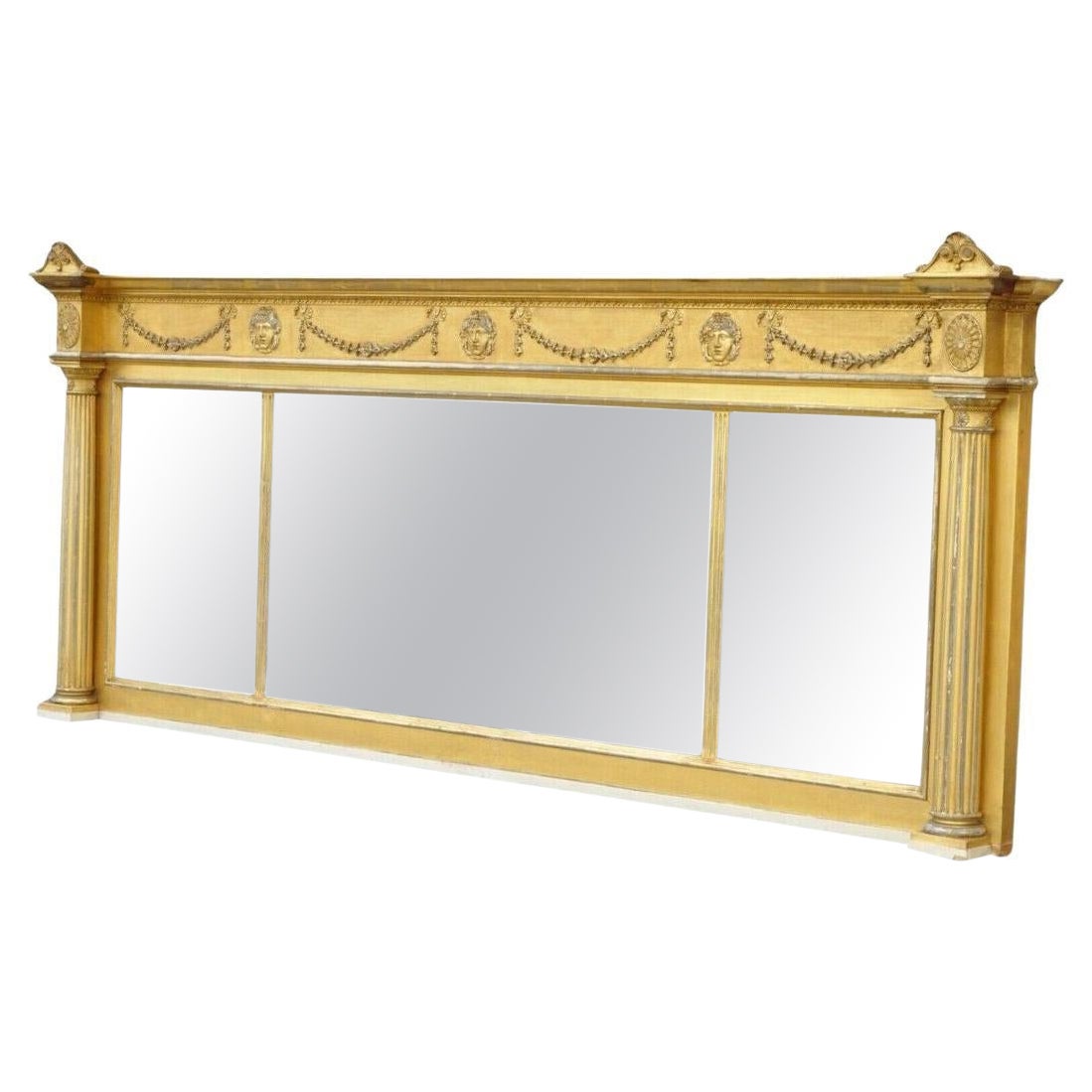 Antique Large 83" Victorian Gold Giltwood Figural Triple Overmantle Mirror For Sale