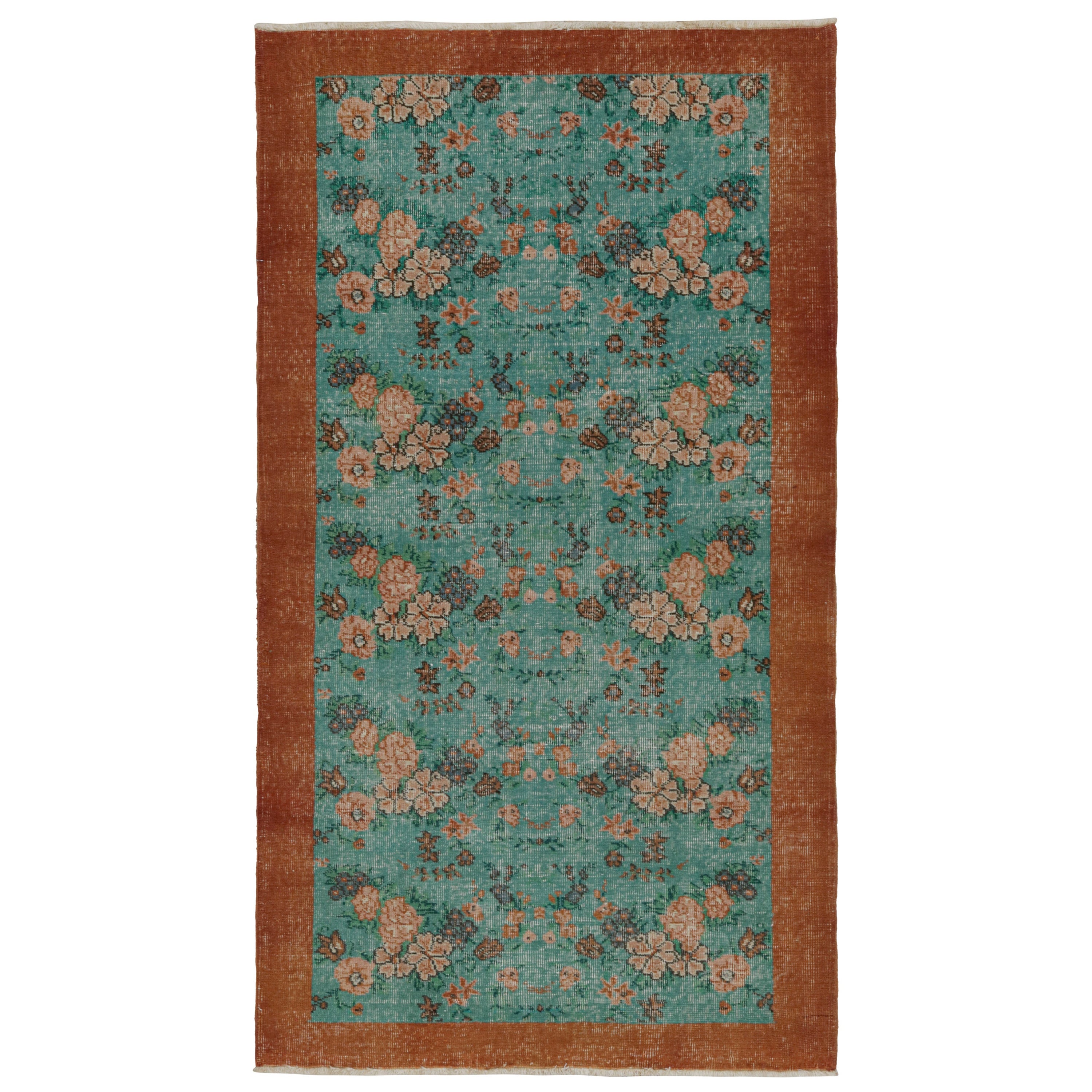 Vintage Zeki Muren rug in Teal, with floral patterns, from Rug & Kilim For Sale