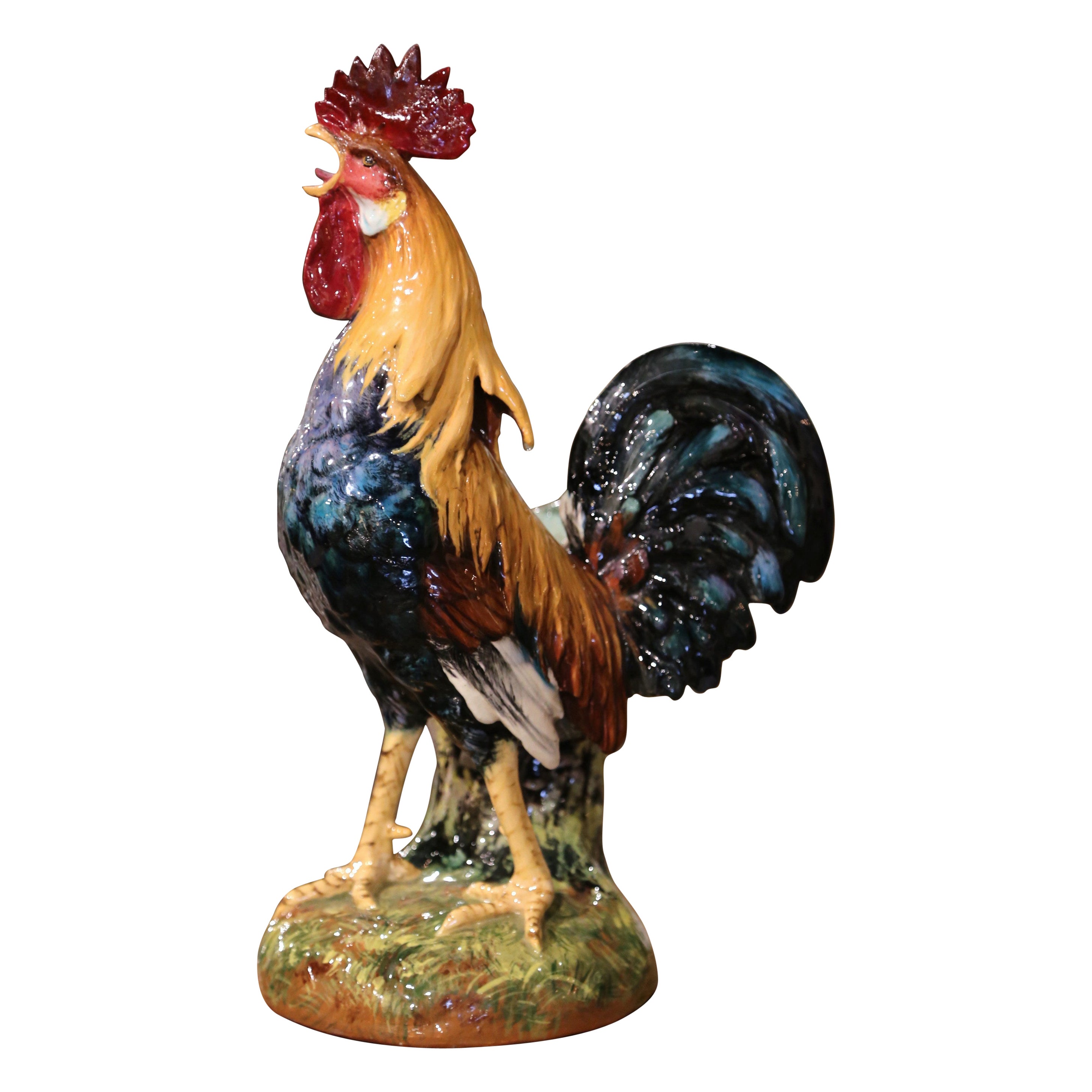 19th Century French Hand Painted Barbotine Rooster Vase Signed Jerome Massier For Sale