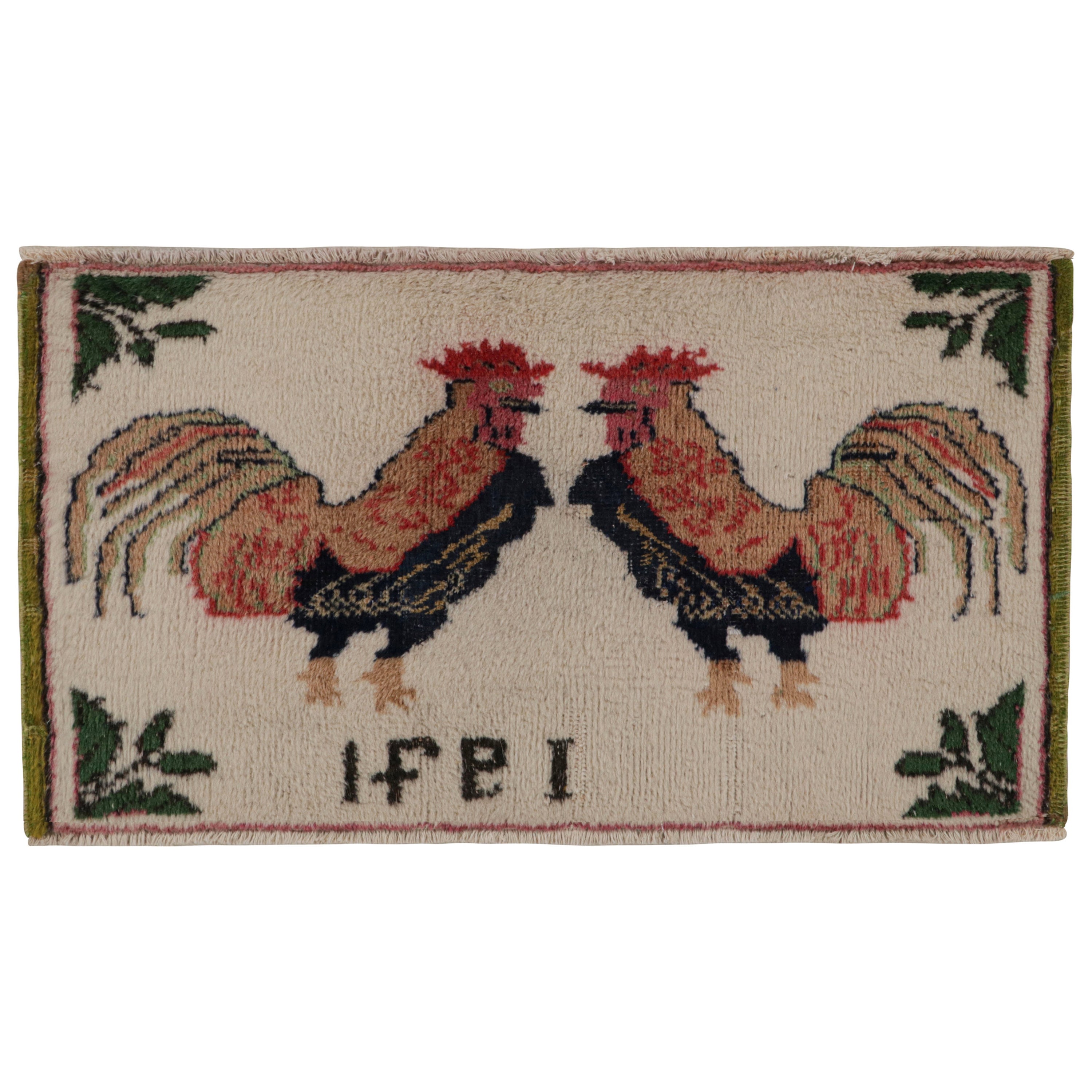 Vintage Signature Pictorial Rug with Rooster Drawings, from Rug & Kilim For Sale