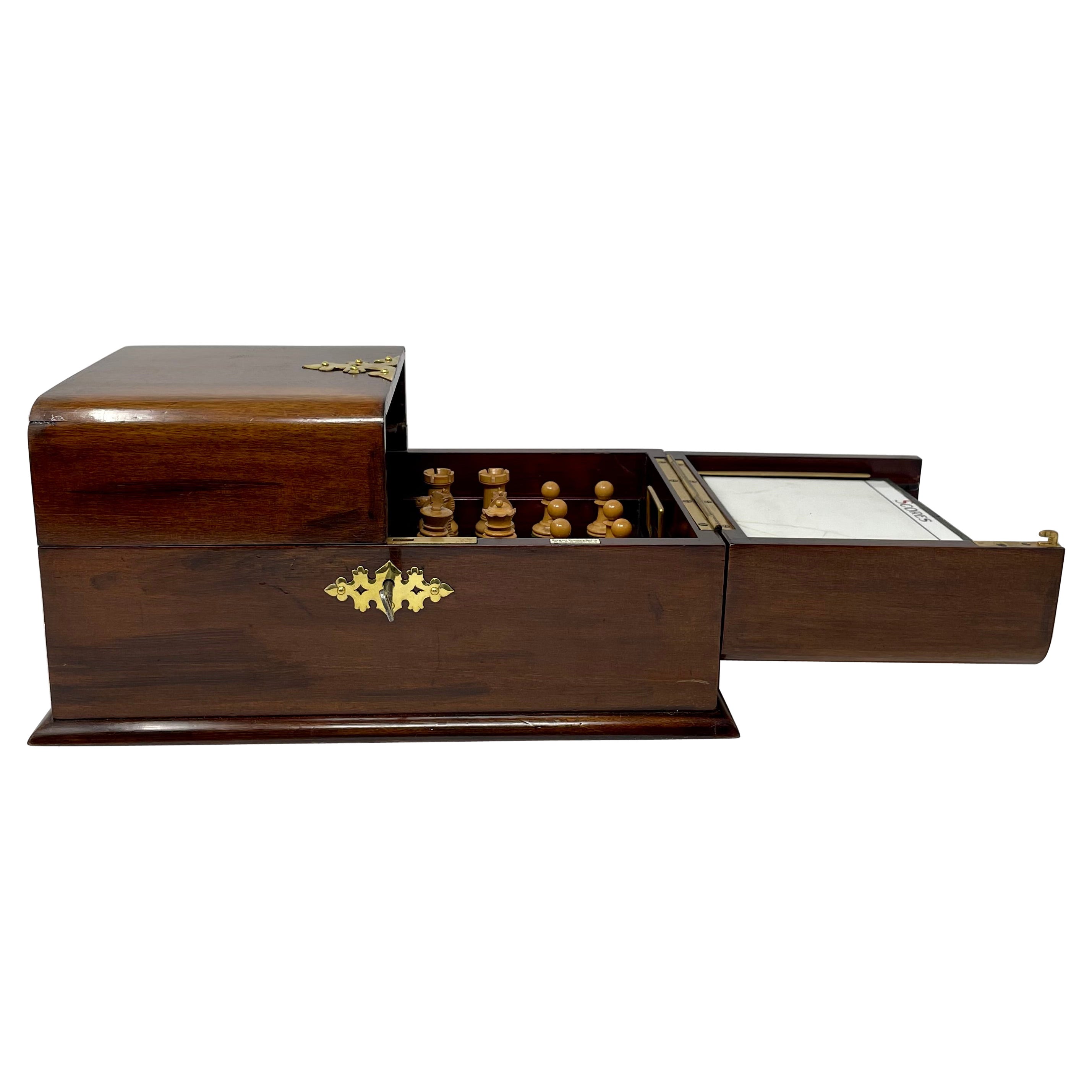 Antique English Mahogany and Brass Signed Games Box Compendium, Circa 1880. For Sale