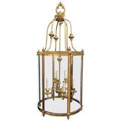 Wonderful Large French Bronze Regency Empire Curved Glass Panel Lantern Fixture