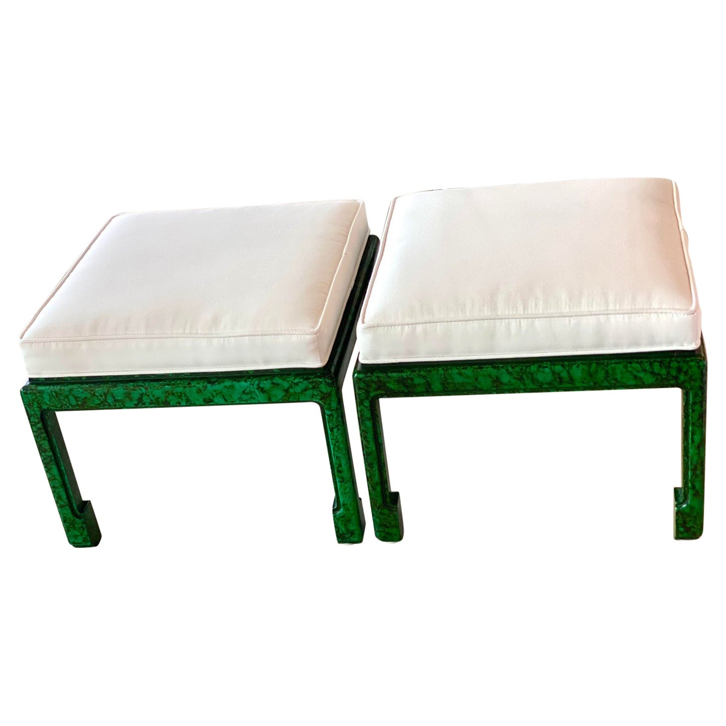 Vintage Pair of Green Faux Malachite Newly Upholstered Ming Feet Benches Stools