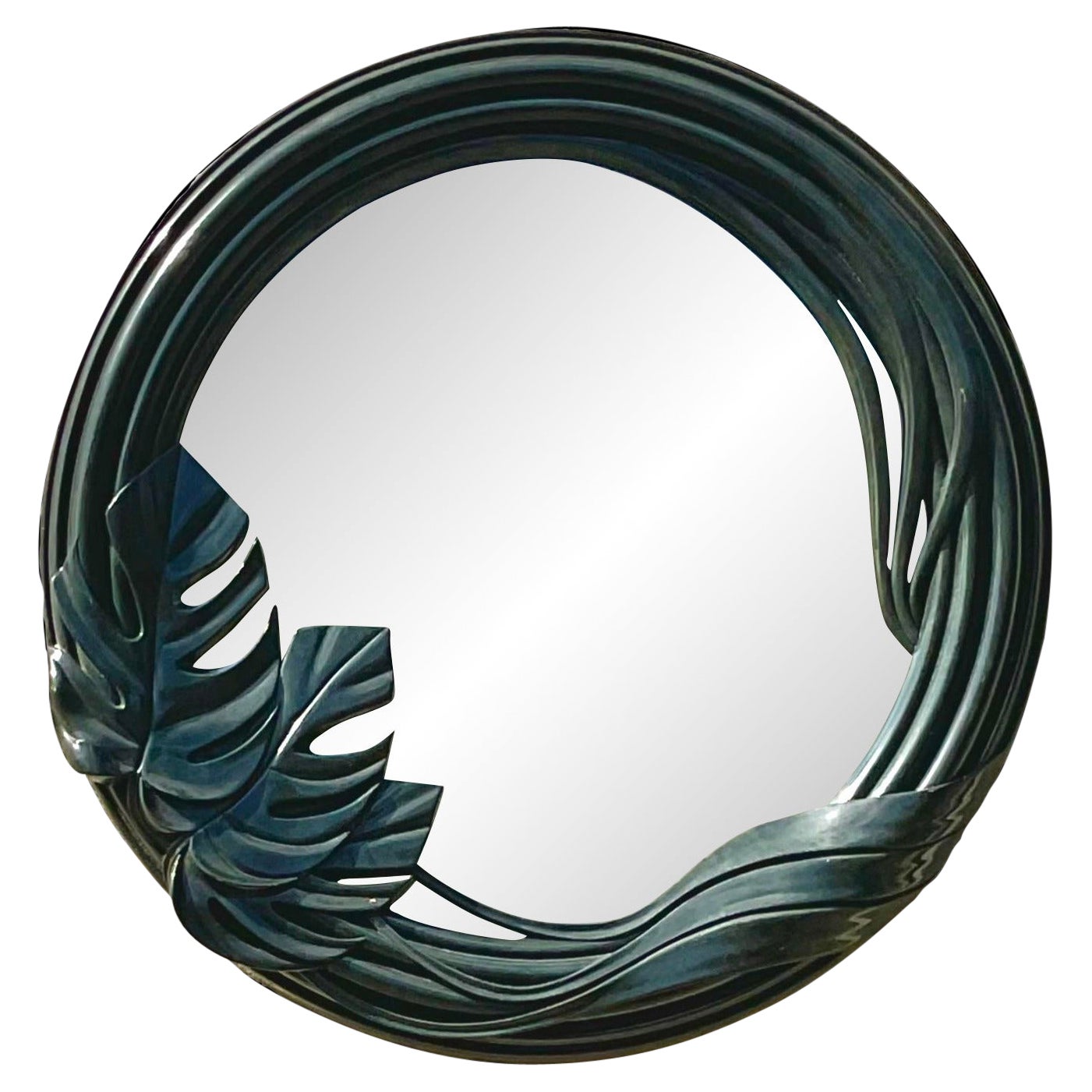Late 20th Century Vintage Bobo Round Lacquered Monstera Leaf Mirror For Sale