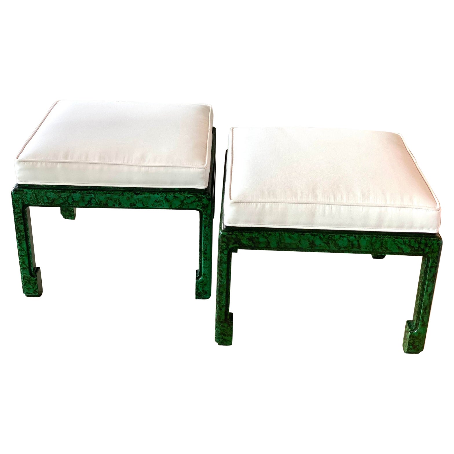 Vintage Pair of Green Faux Malachite Newly Upholstered Ming Feet Benches Stools For Sale