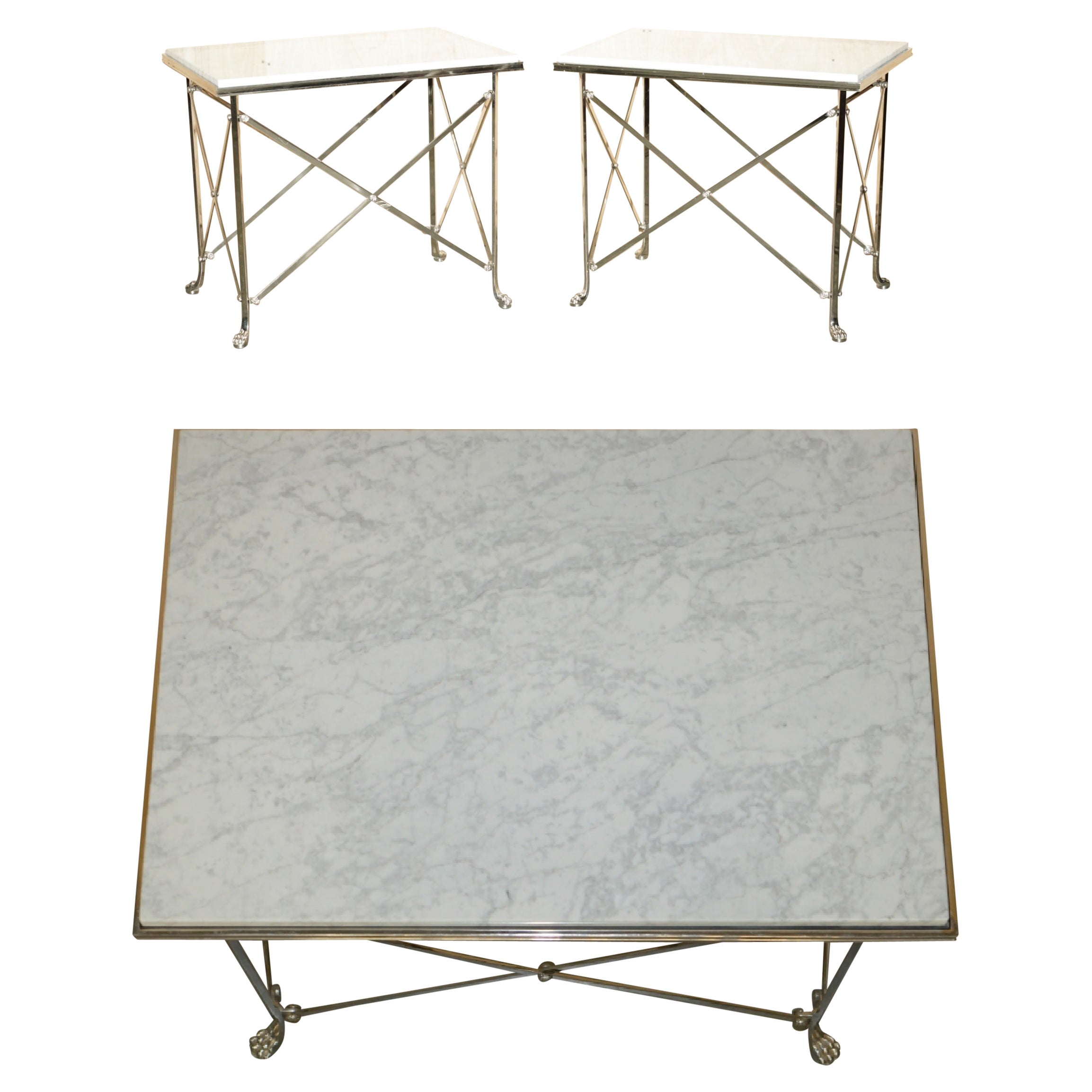 PAIR OF RALPH LAUREN BEL AIR CONSOLE TABLES LIONS PAW FEET & ITALIAN MARBLE TOPs For Sale