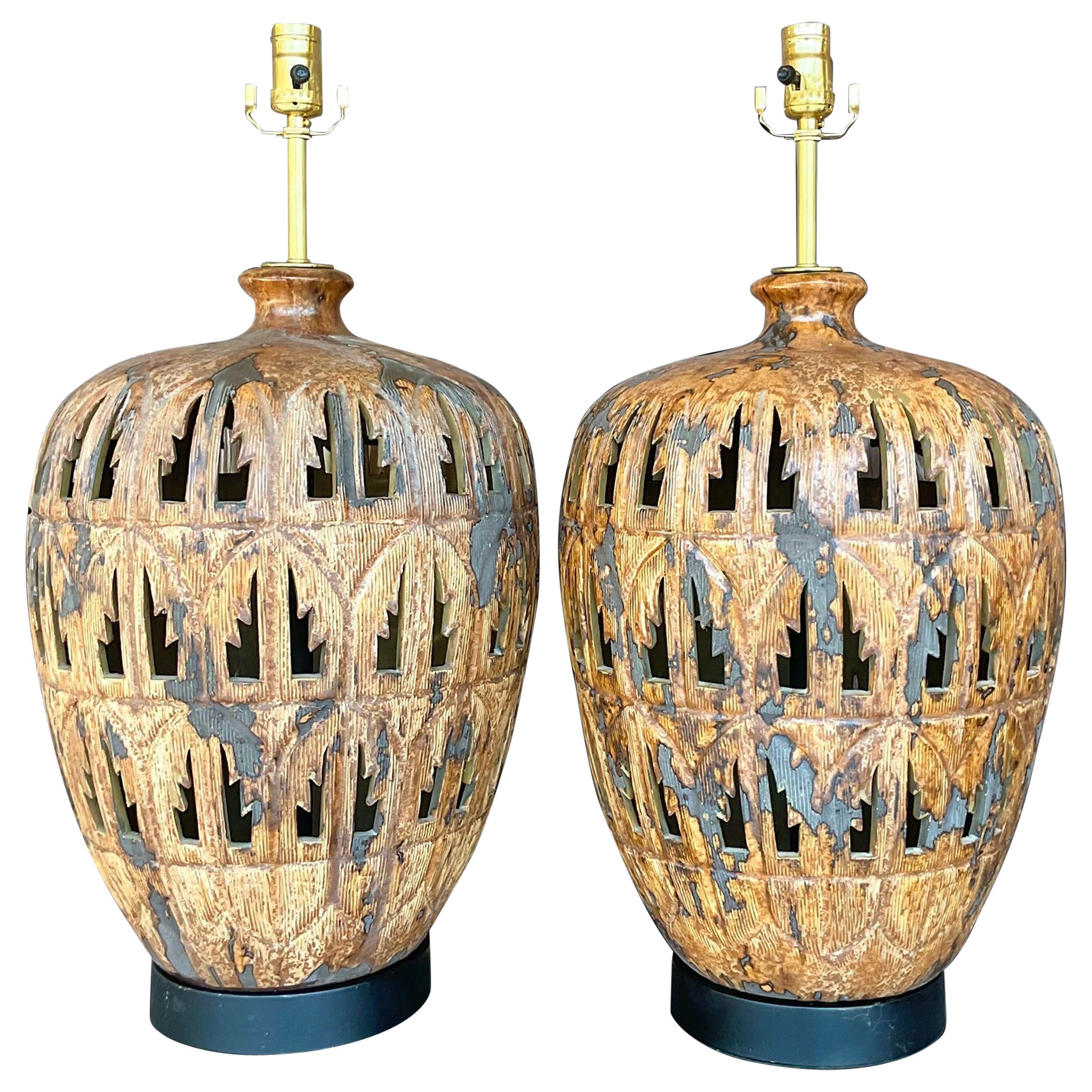 Vintage Boho Punch Cut Palm Frond Ceramic Table Lamps - a Pair