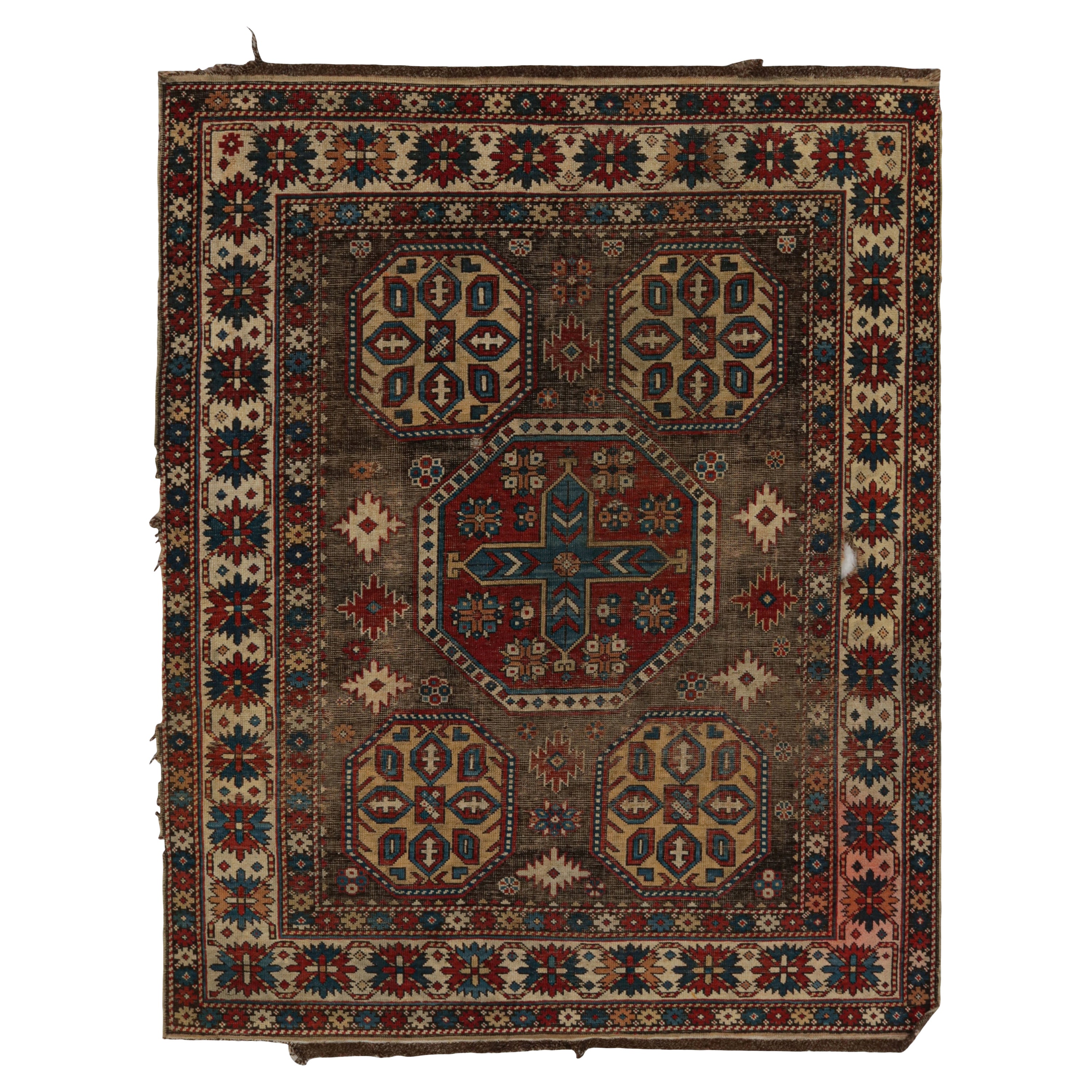 Antique tribal Kazak rug in Brown with Geometric Patterns, from Rug & Kilim For Sale