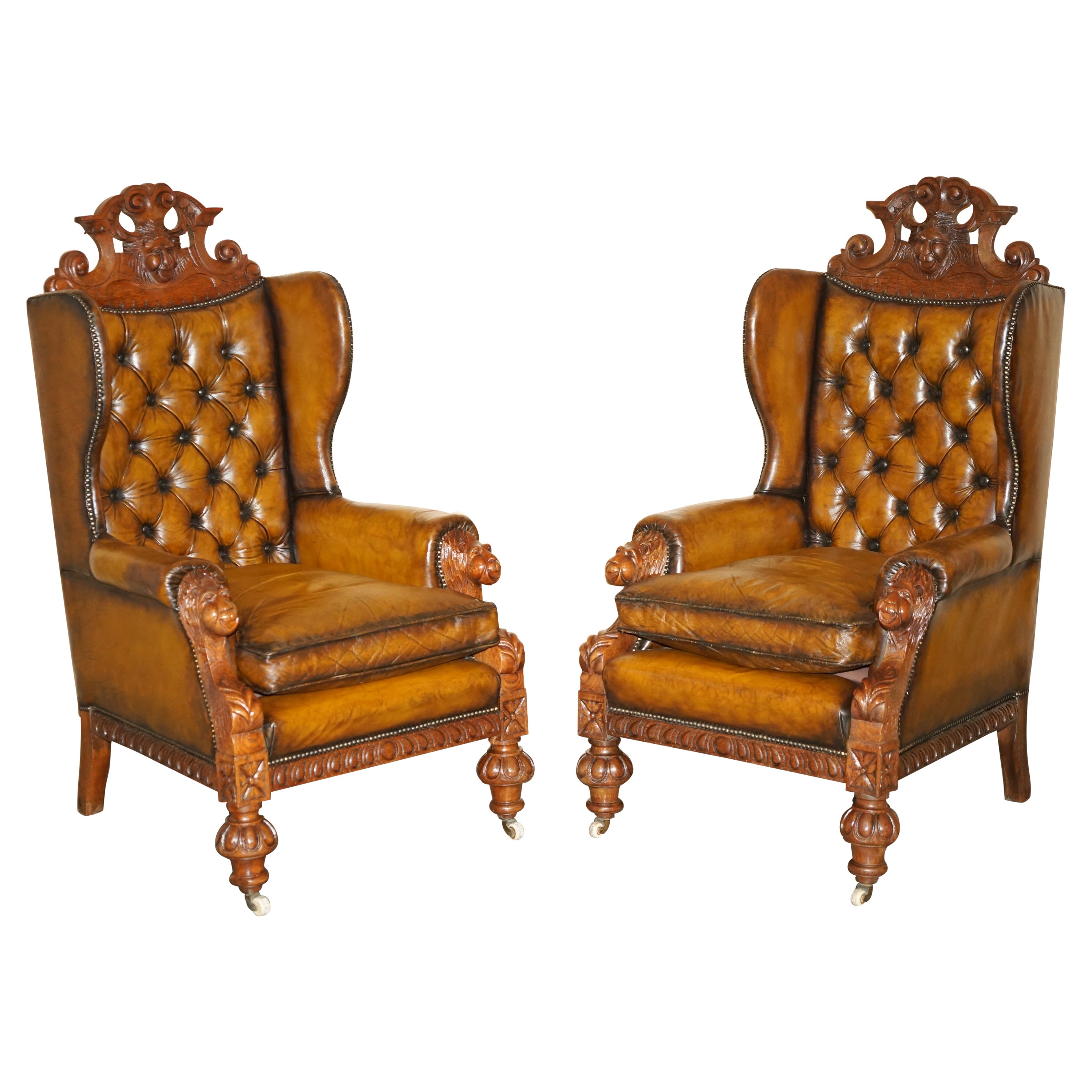 HUGE PAIR OF ANTiQUE VICTORIAN LION CARVED CHESTERFIELD BROWN LEATHER ARMCHAIRS For Sale