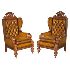 HUGE PAIR OF ANTiQUE VICTORIAN LION CARVED CHESTERFIELD BROWN LEATHER ARMCHAIRS