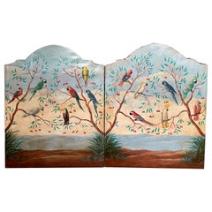 Used Pair of Mid Century Italian Hand Painted Tropical Bird Panels on Canvas