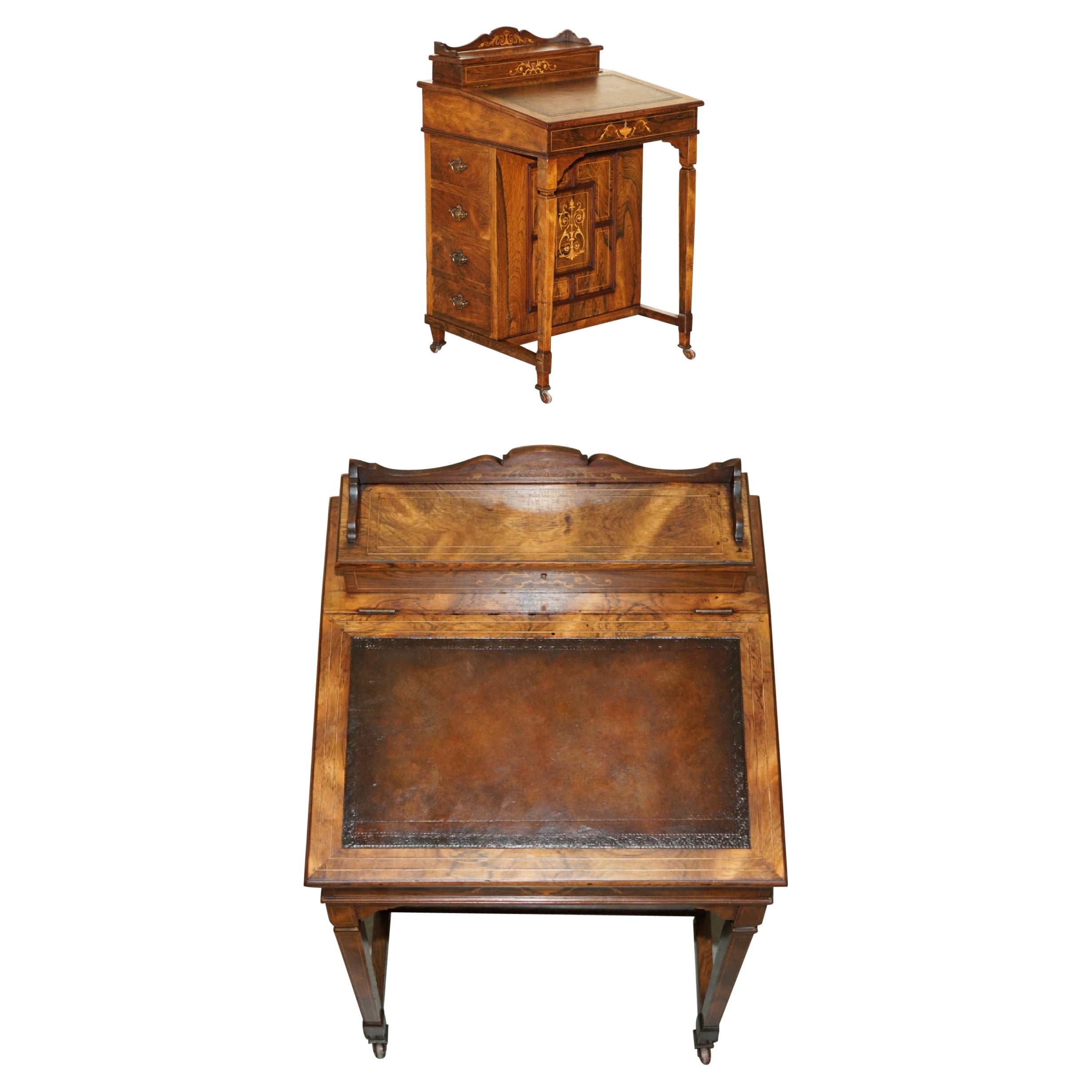 RESTORED ViCTORIAN HARDWOOD MARQUEtry INLAID & BROWN LEATHER DAVENPORT DESK