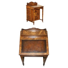 RESTORED ViCTORIAN HARDWOOD MARQUEtry INLAID & BROWN LEATHER DAVENPORT DESK