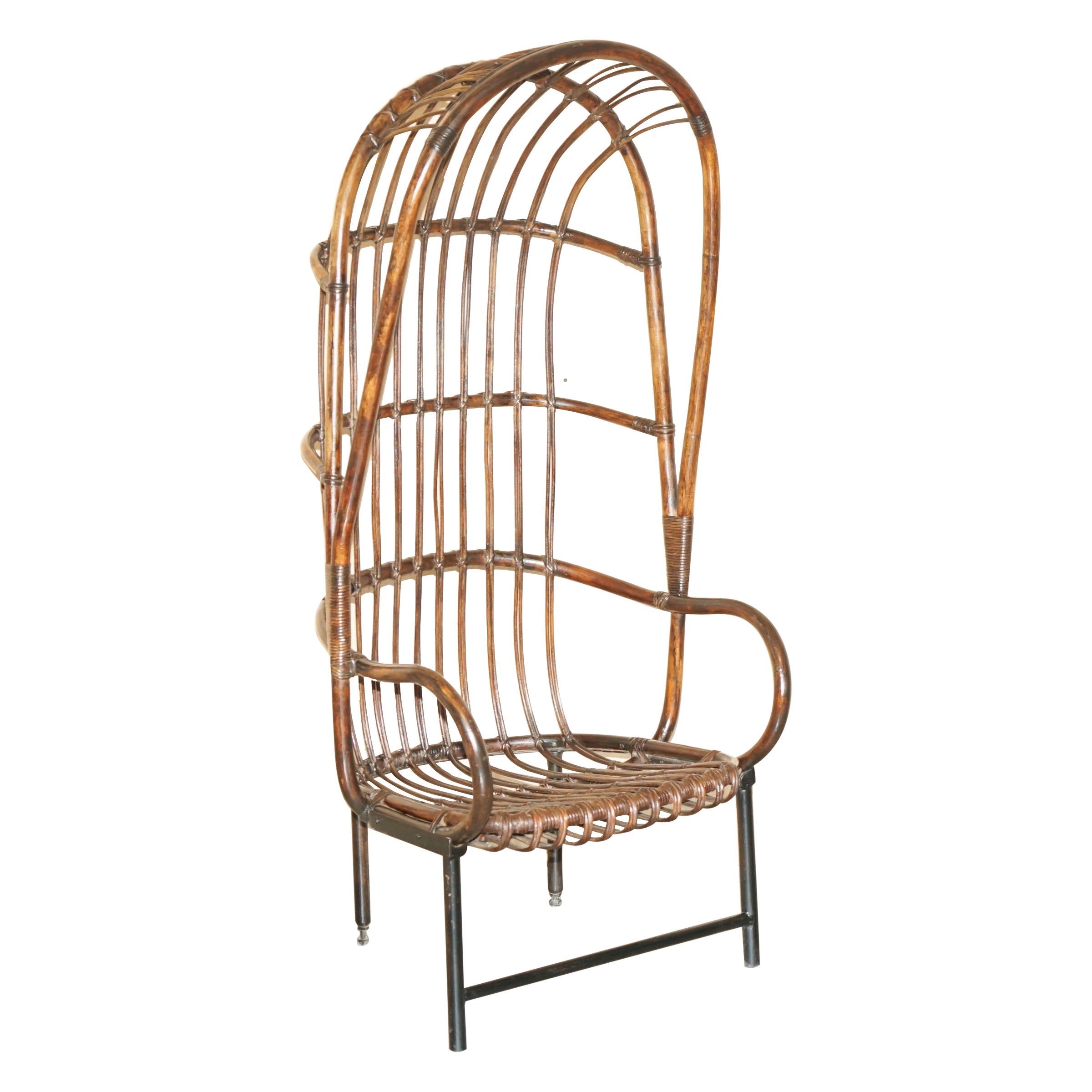 RARE ANTIQUE THONET STYLE FRENCH BAMBOO STEEL BASE PORTERS WiNGBACK ARMCHAIR For Sale