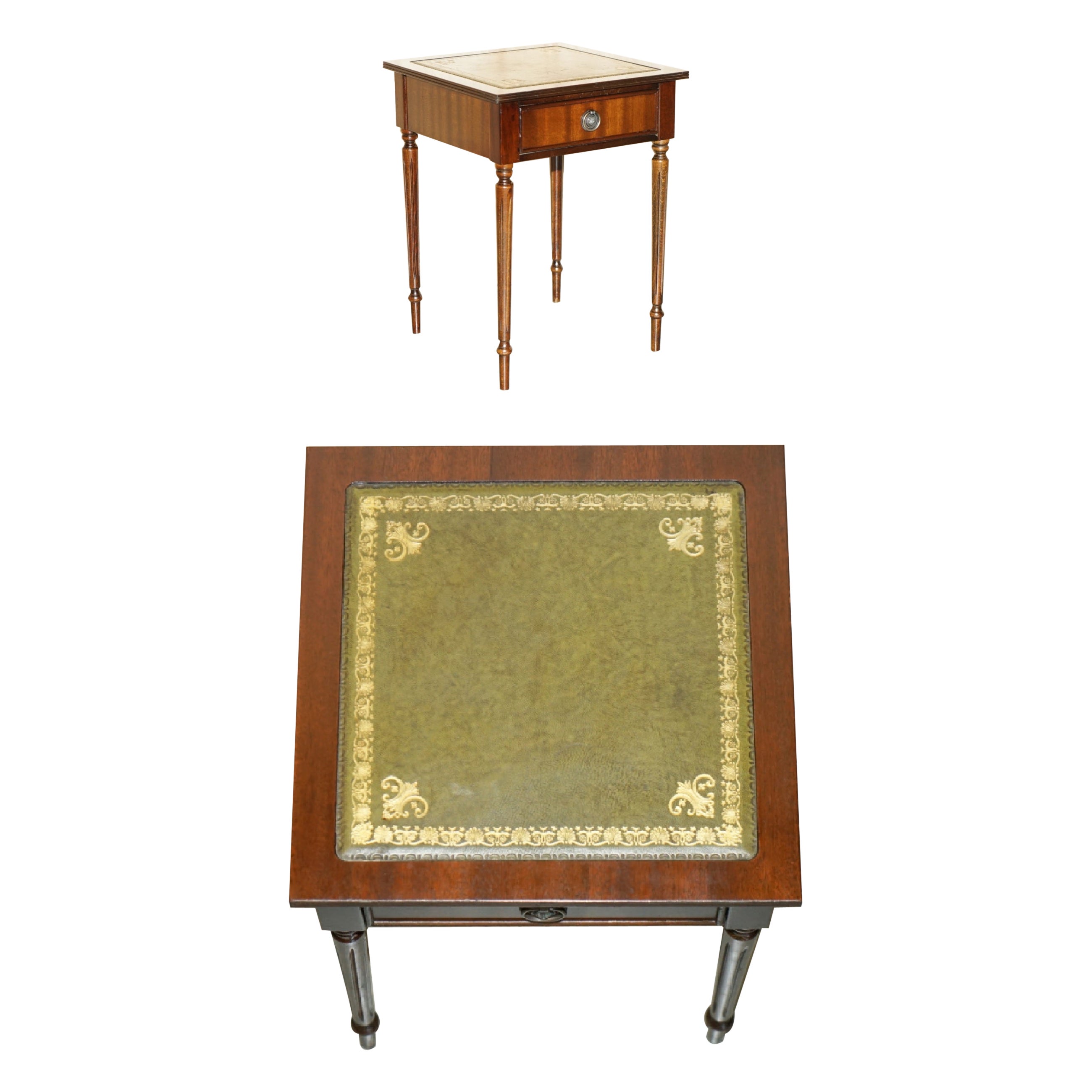 LOVELY VINTAGE CIRCA 1940's GREEN LEATHER GOLD LEAF SINGLE DRAWER SIDE TABLE For Sale