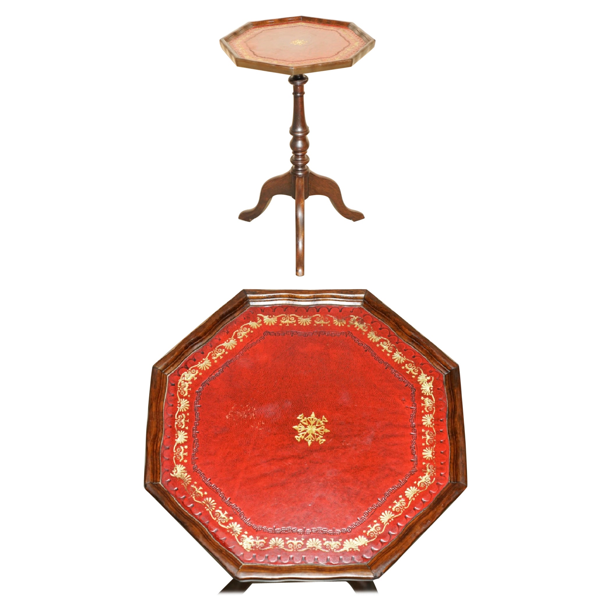 LOVELY GOLD LEAF EMBOSSED OXBLOOD LEATHER TRIPOD SiDE END LAMP WINE TABLE