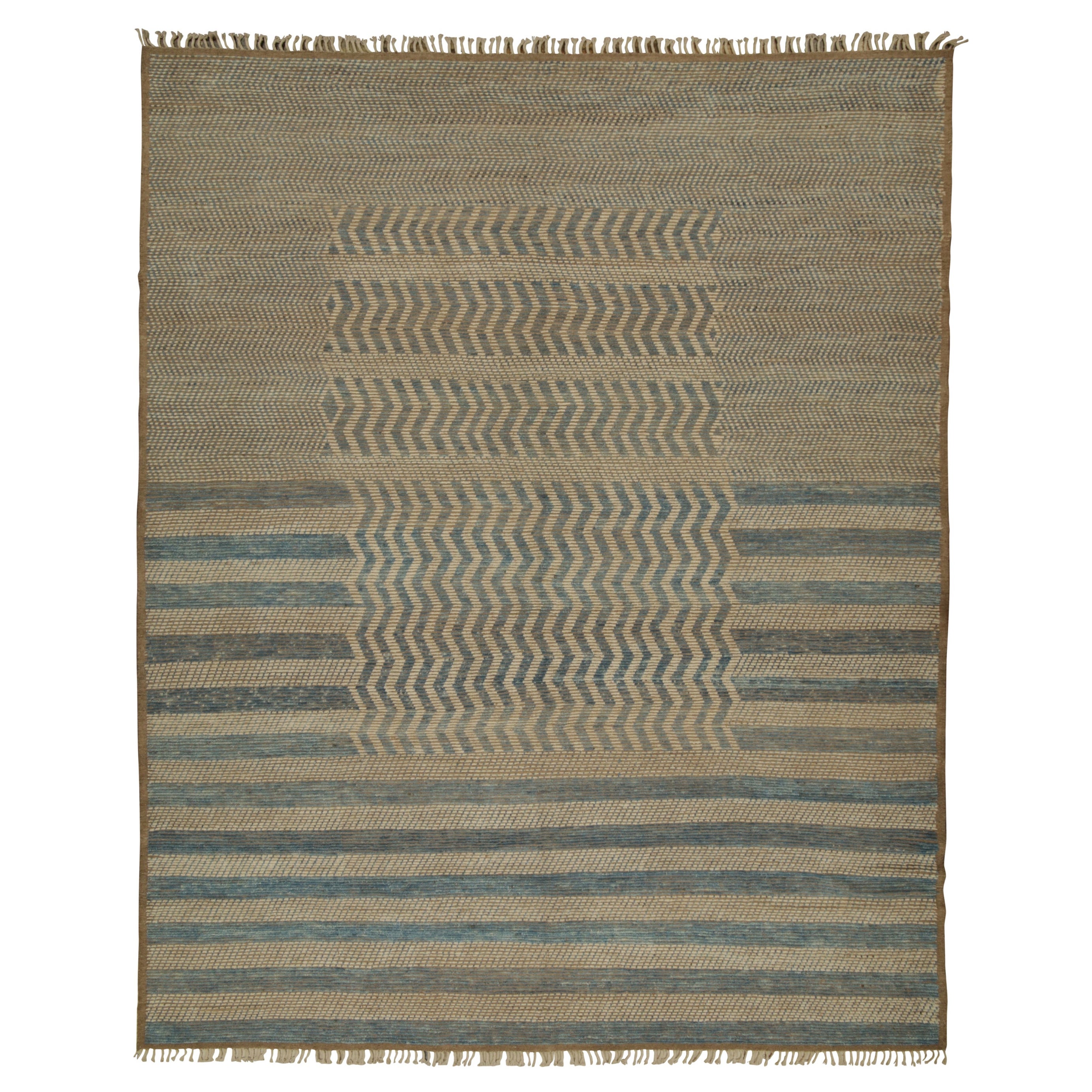 Rug & Kilim’s Moroccan Style Rug in Beige-Brown and Blue Stripes and Chevrons For Sale