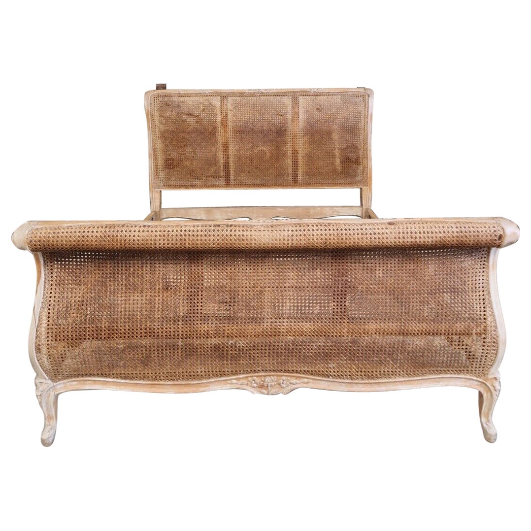 Antique French Cane Sleigh Bed Louis XV Raw Wood For Sale