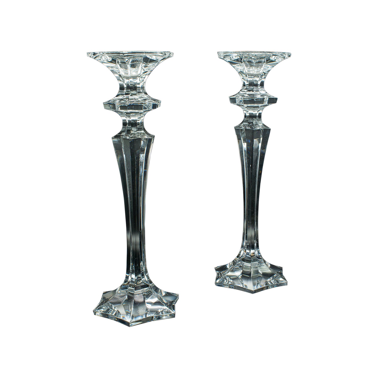 Pair Of Vintage Candlesticks, English, Glass, Decorative Candle Nozzle, C.1970 For Sale