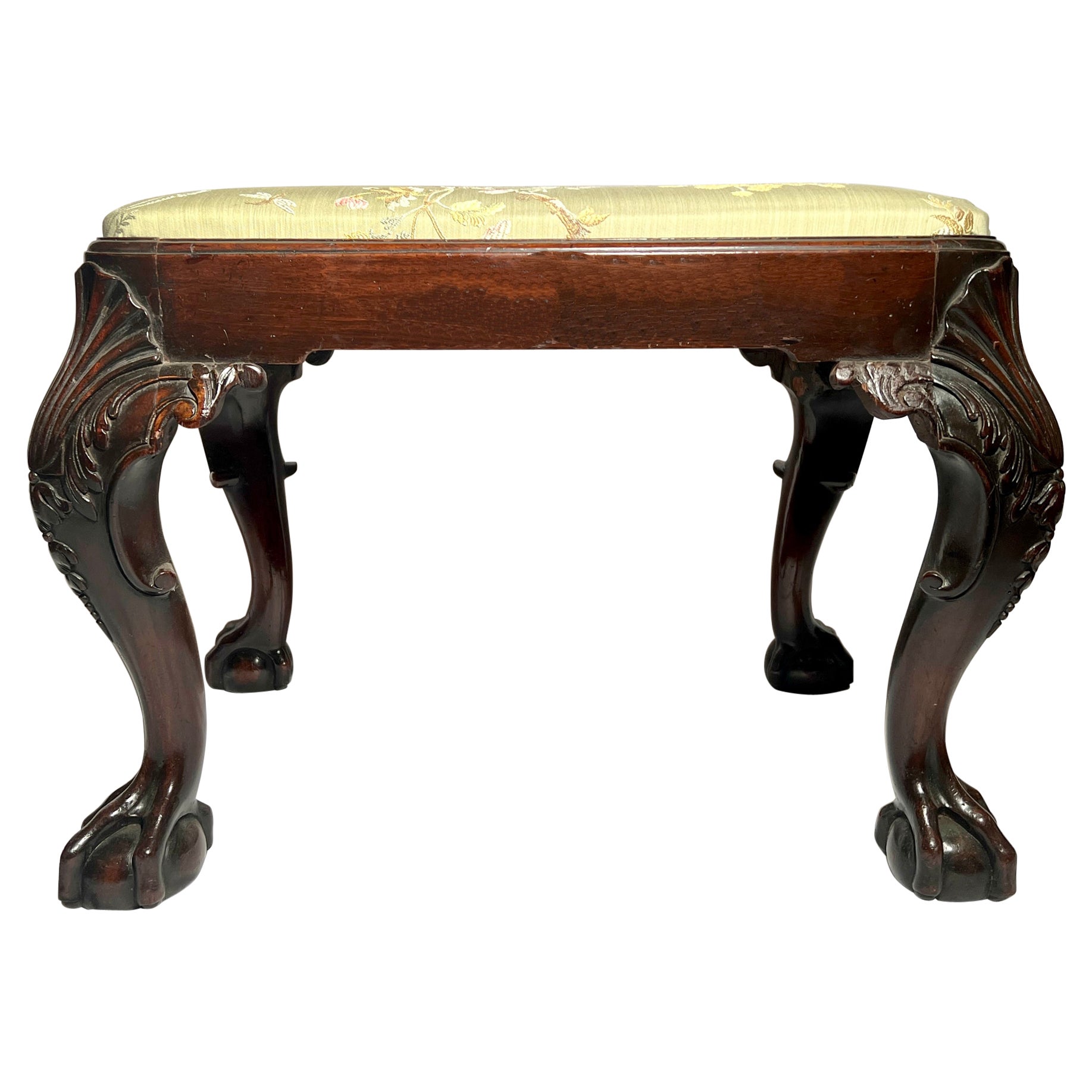 Antique English Chippendale Mahogany Bench with "Scalamandre" Silk, Circa 1880. For Sale