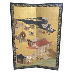 Paravent japonais asiatique pliant à deux panneaux signé Byobu Showa - Tales of the Genji