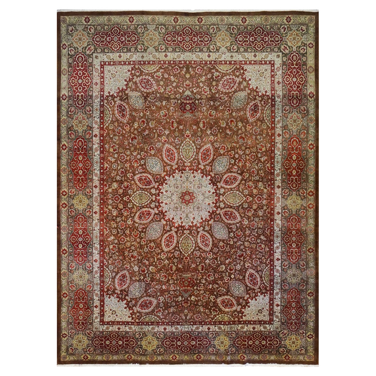 Antiker persischer Tabriz-Teppich 10x14 aus den 1930er Jahren, braun, rot und dunkelgrün, handgefertigt