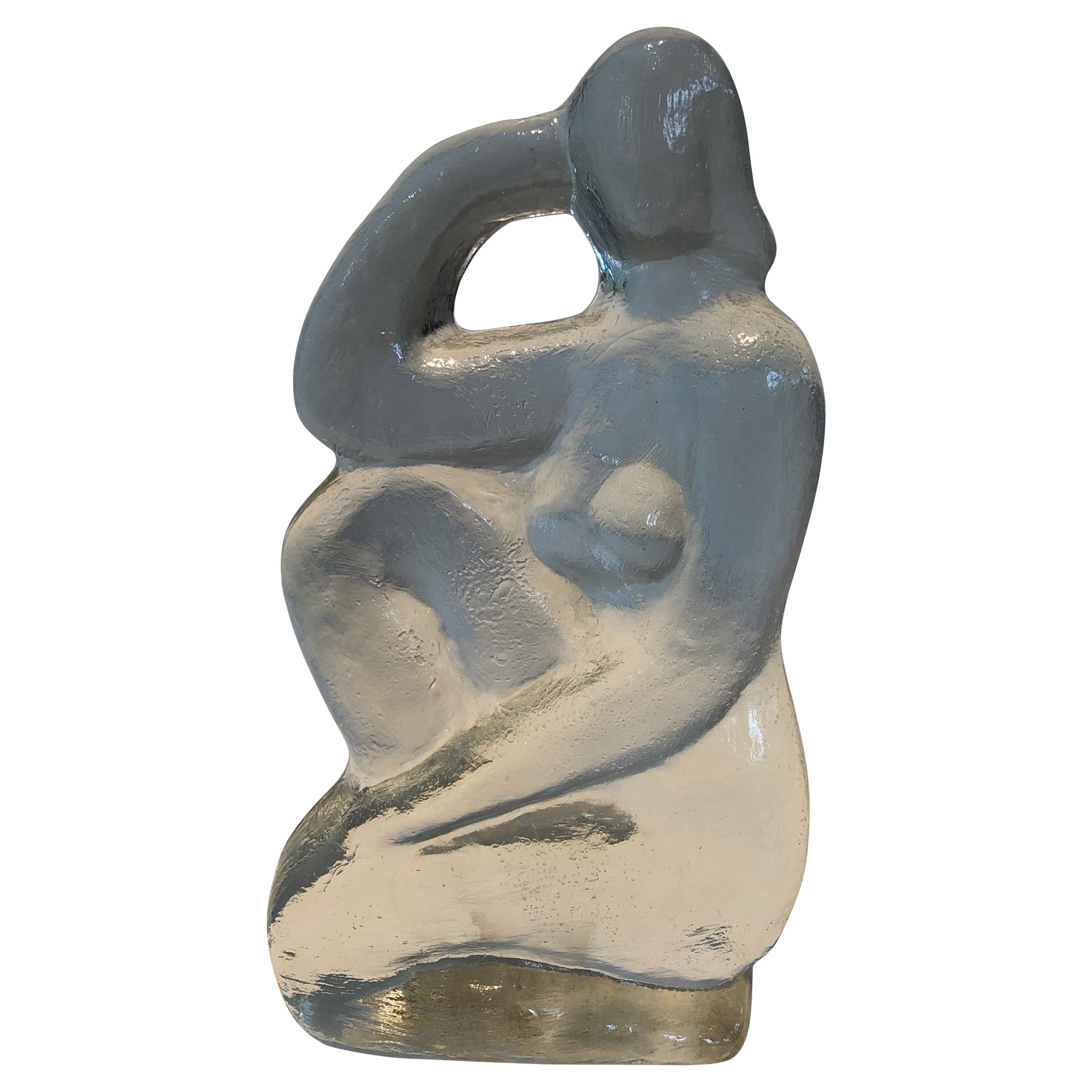 Glass sculpture representing a naked woman posing  in the French Art Deco Style For Sale