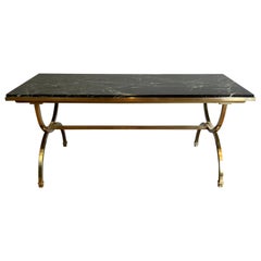 Neoclassical Style Coffee Table with Hoop Brass Base and Green Marble Top