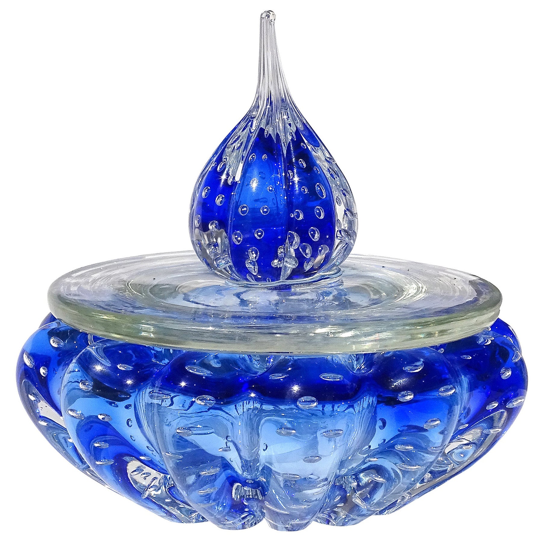 Murano Sapphire Blue Controlled Bubbles Italian Art Glass Vanity Jar Powder Box For Sale