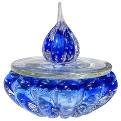 Murano Sapphire Blue Controlled Bubbles Italian Art Glass Vanity Jar Powder Box
