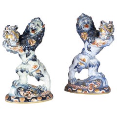  Pair of Antique Porcelain Lions Candle Holders by Emile Gallé
