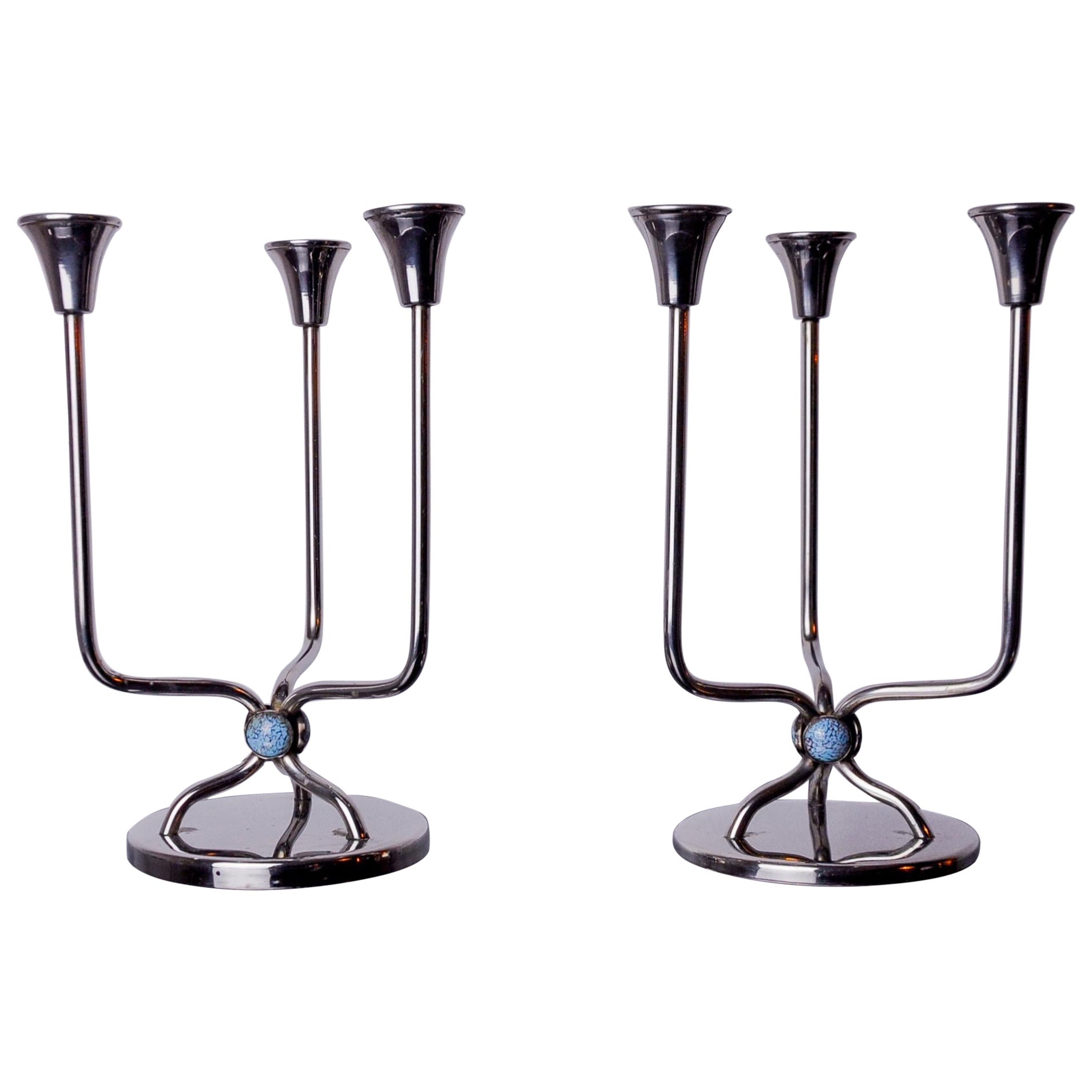 Pair art deco candlesticks in stainless steel 3 flames blue stones, Spain 1970 For Sale