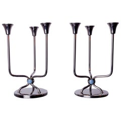 Retro Pair art deco candlesticks in stainless steel 3 flames blue stones, Spain 1970
