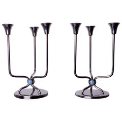 Vintage Pair art deco candlesticks in stainless steel 3 flames blue stones, Spain 1970