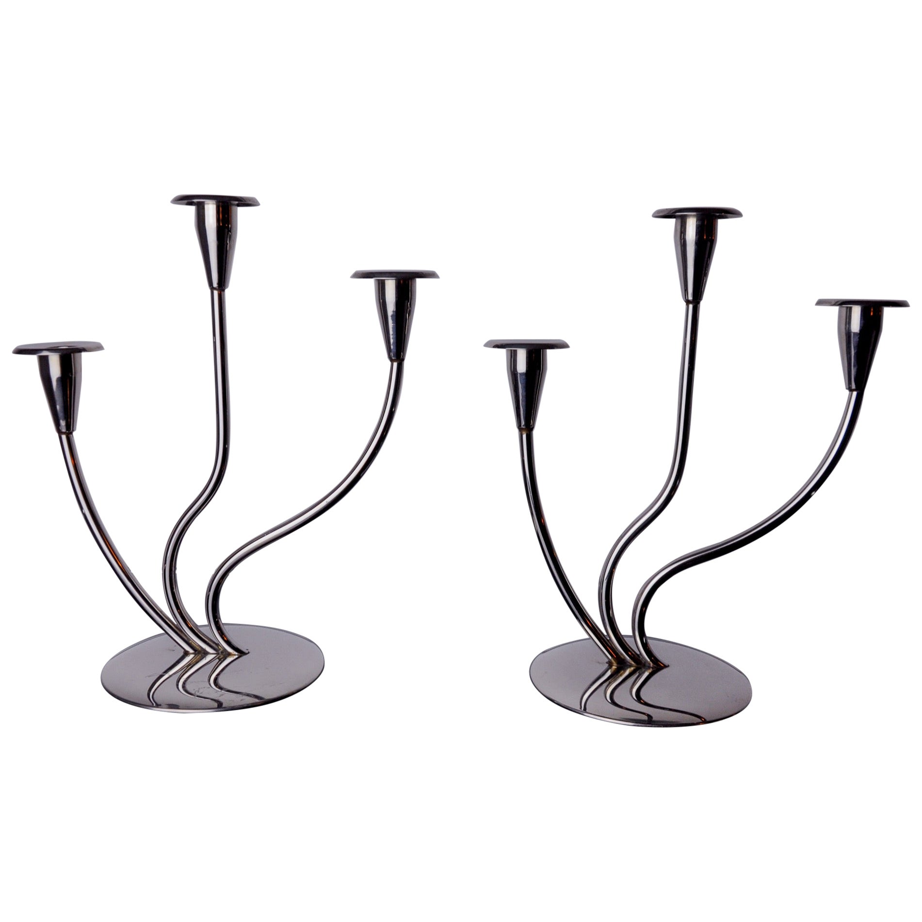 Pair of art deco candlesticks in stainless steel 3 flames, Spain, 1970 For Sale