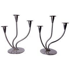 Pair of art deco candlesticks in stainless steel 3 flames, Spain, 1970