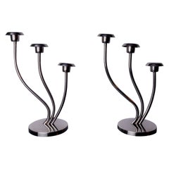 Pair of art deco stainless steel 3-flame candlesticks, Spain, 1970