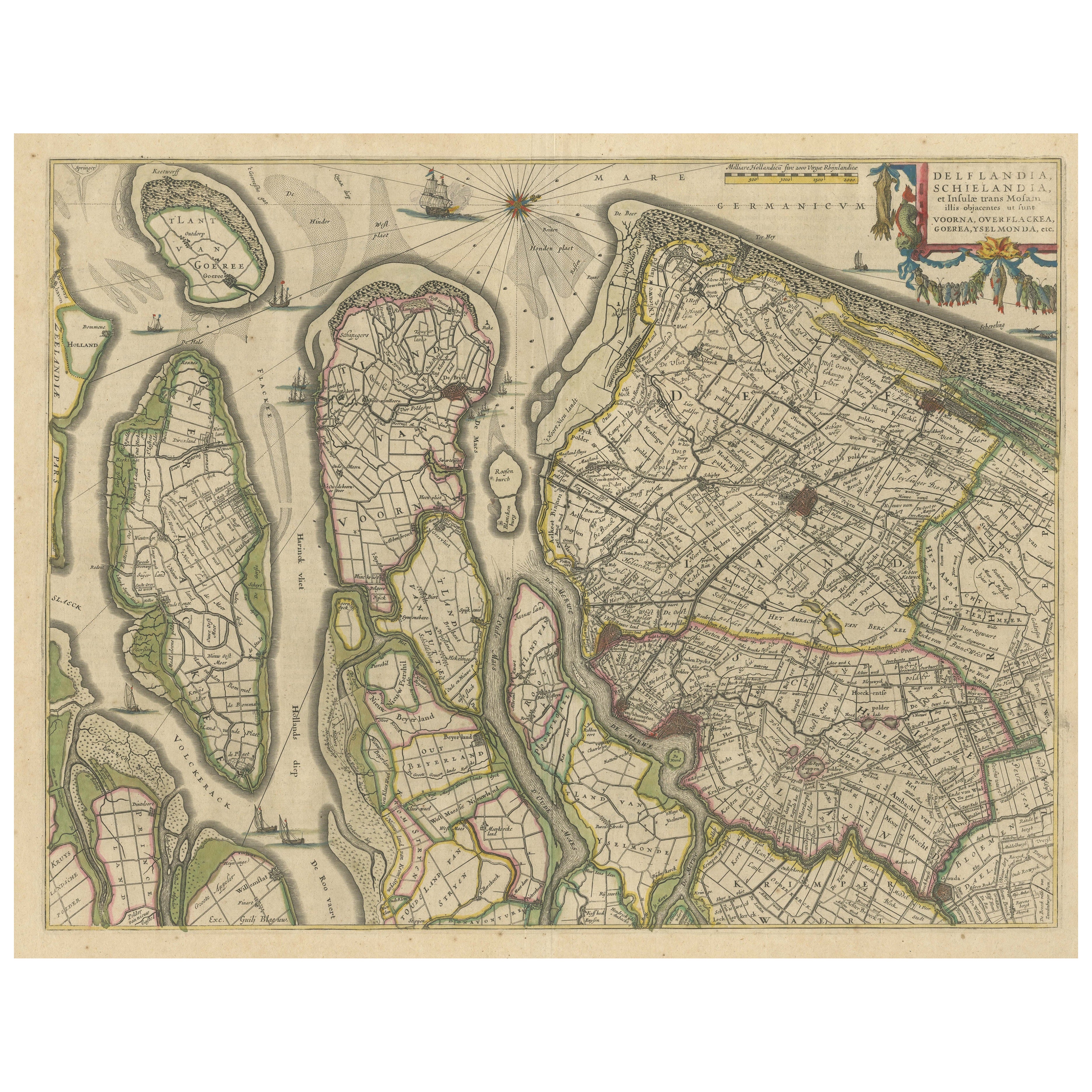 Antique Map of Delfland, Schieland and Islands of Zuid-Holland, the Netherlands For Sale