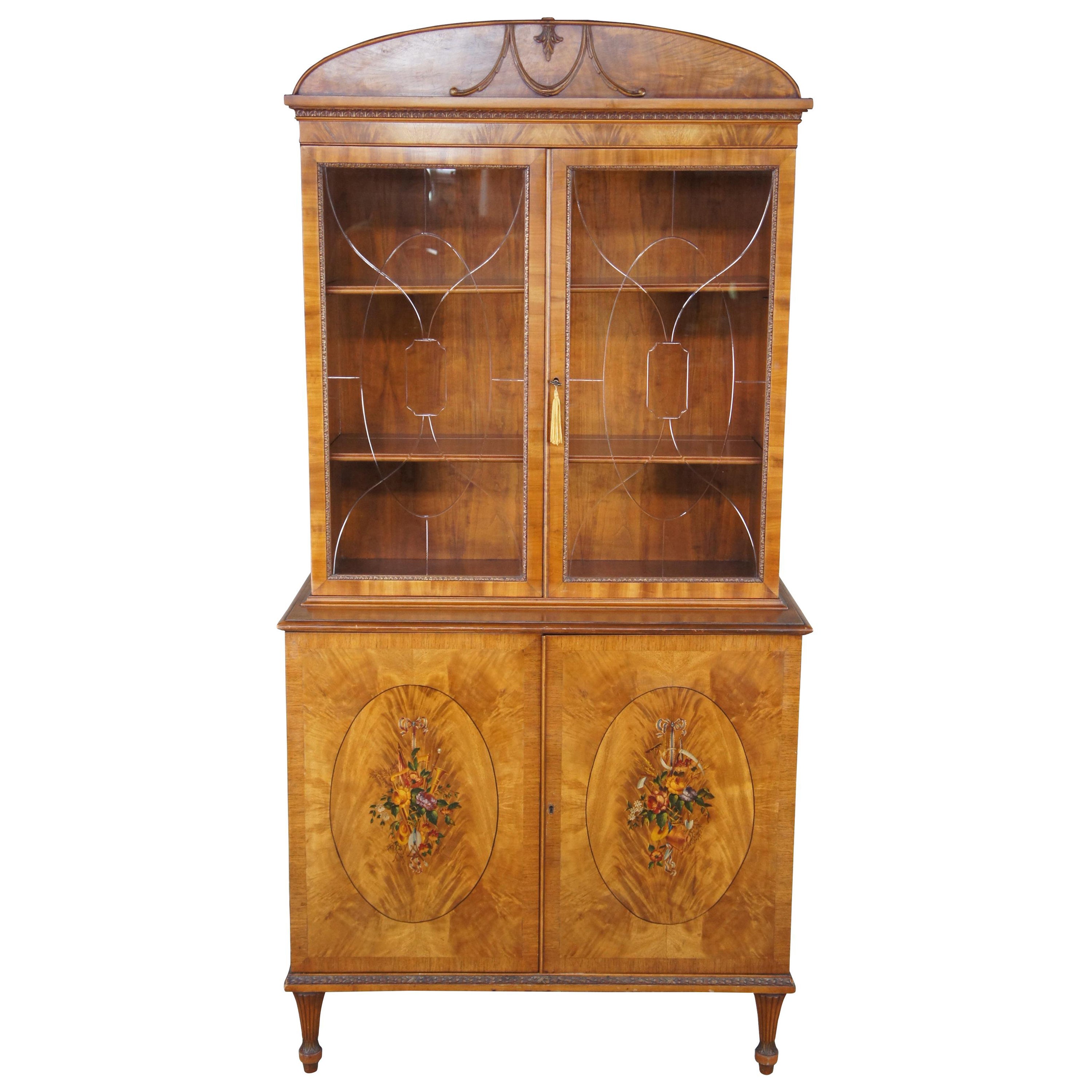 Antique Italian Neoclassical Satinwood China Display Cabinet Curio Cupboard  76"