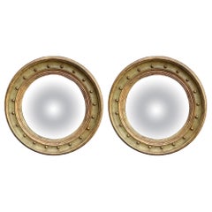 Federal Style Italian Carved Giltwood and Painted Round Convex Mirrors, Pair