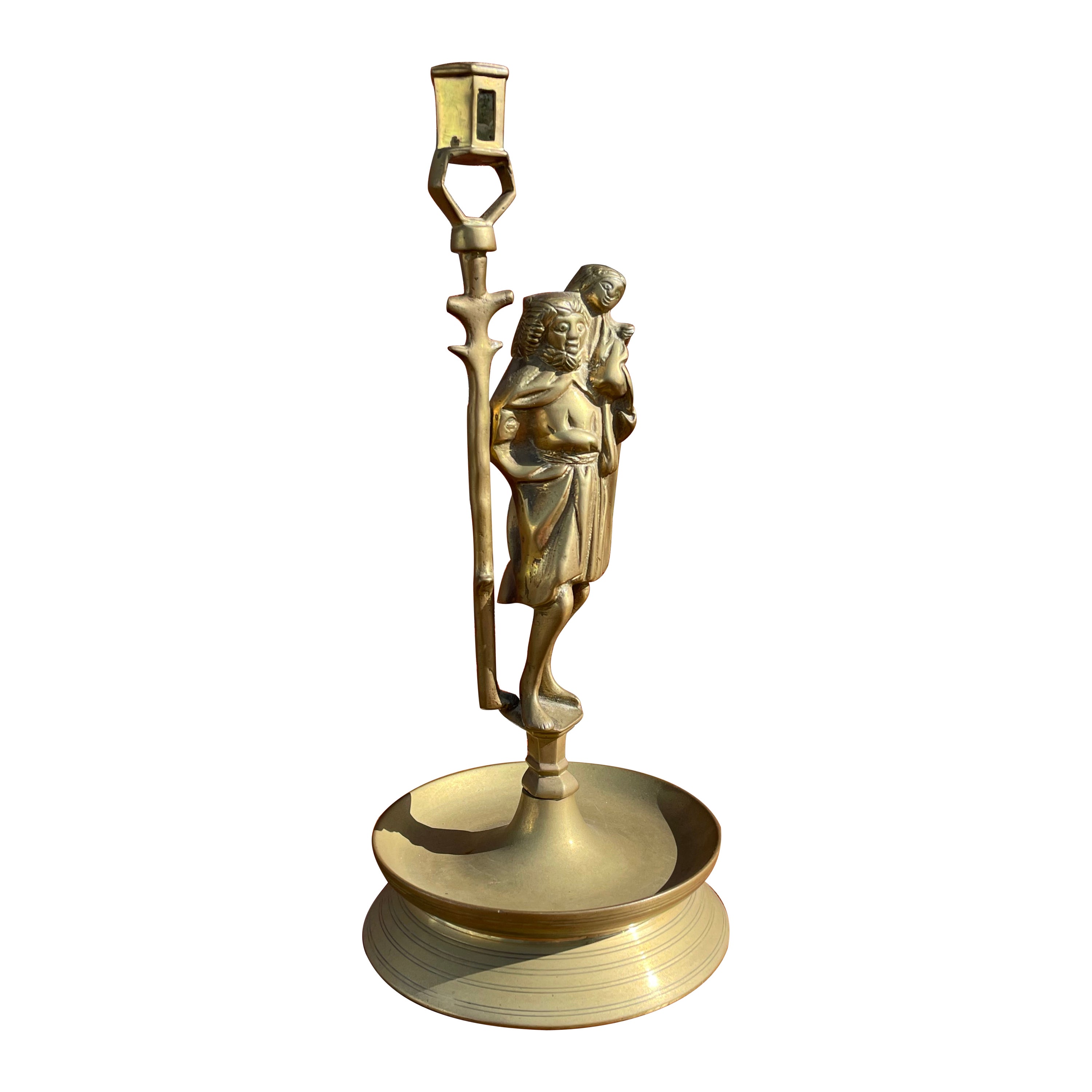 Antique Gothic Revival Bronze Candle Holder w. Saint Christopher & Child Jesus For Sale