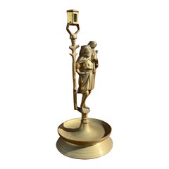 Vintage Gothic Revival Bronze Candle Holder w. Saint Christopher & Child Jesus