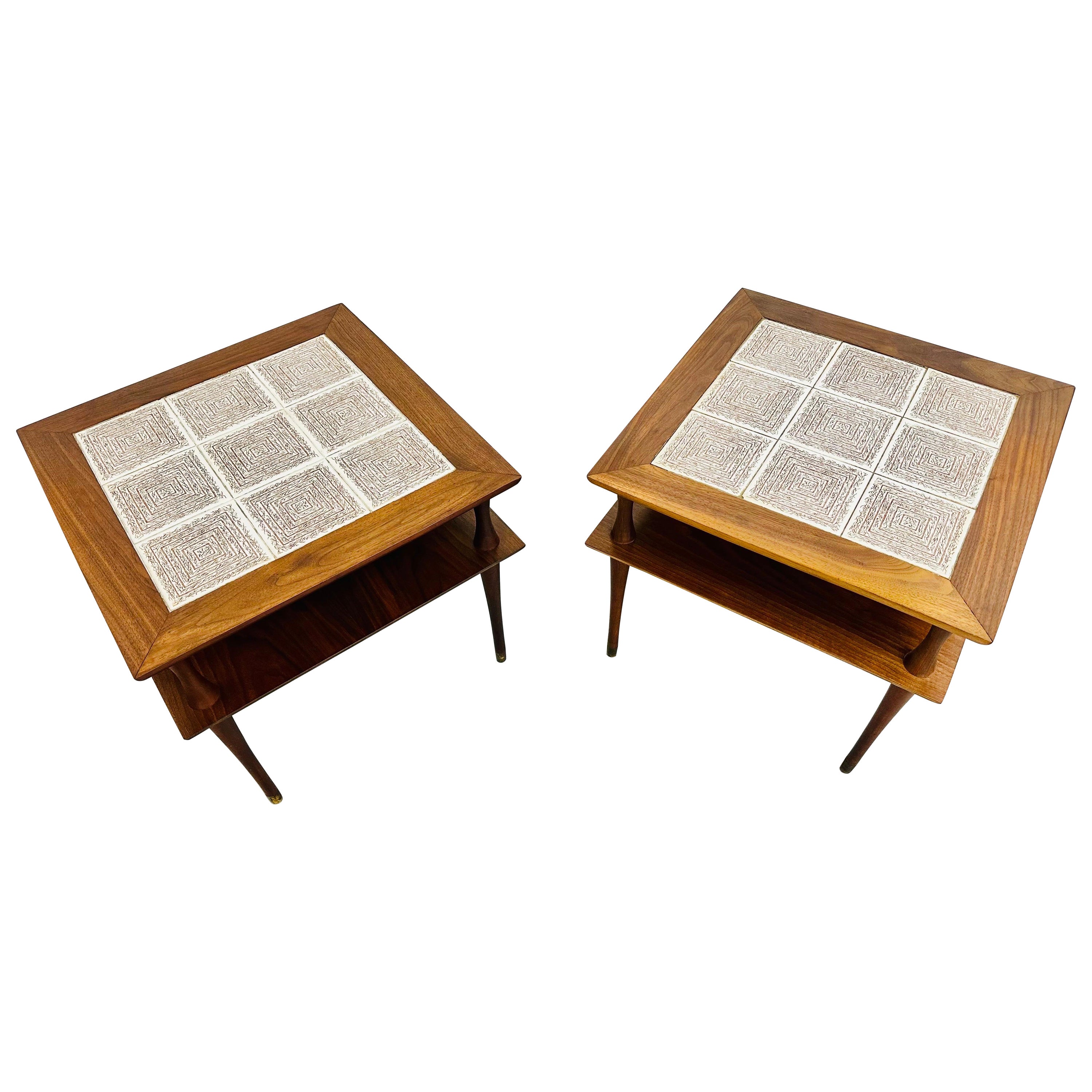 Mid-Century Modern Walnut Tile Top Side Tables - Set of 2