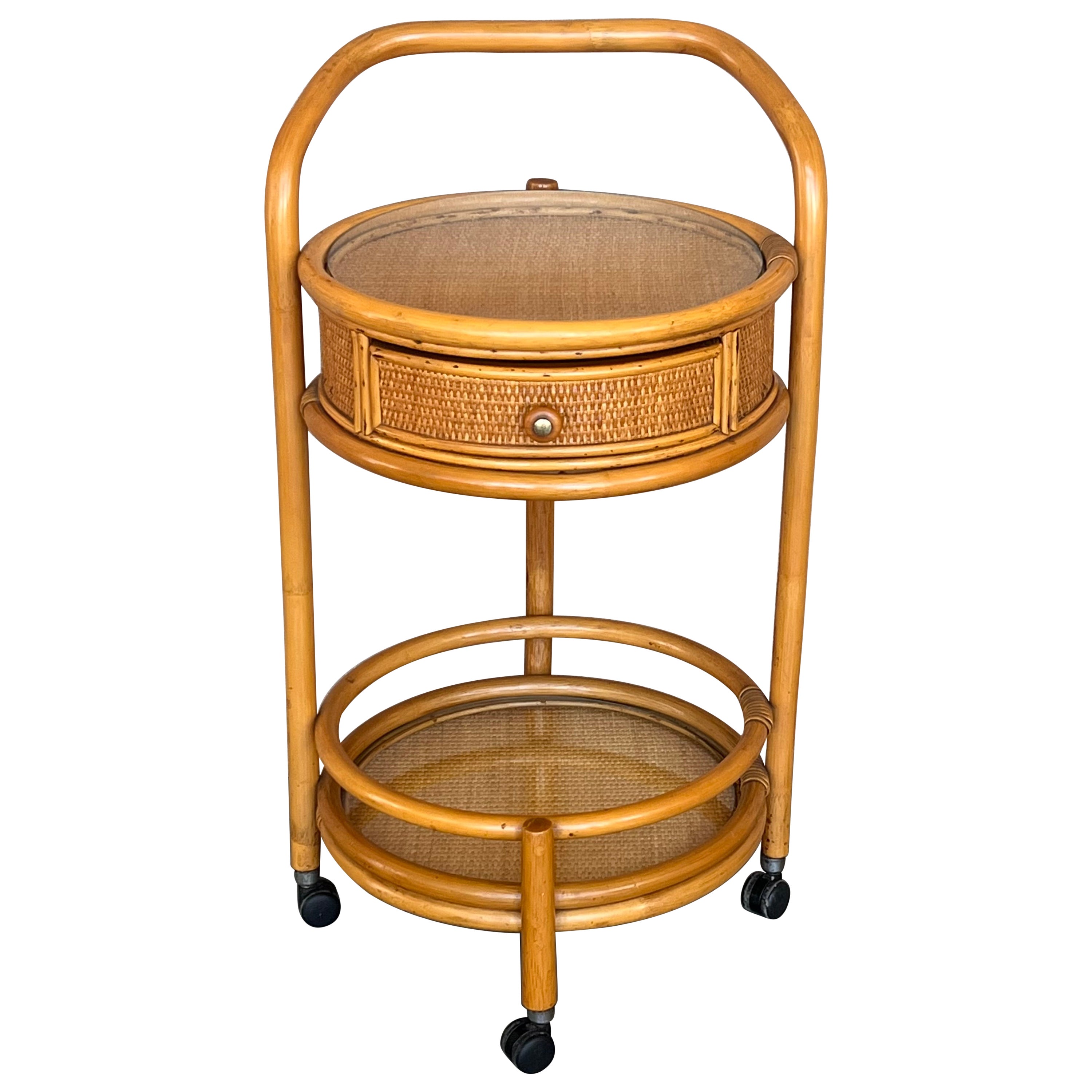 Mid 20th Century Round Serving Bar Cart Trolley in Bamboo & Rattan Italy, 1960s For Sale
