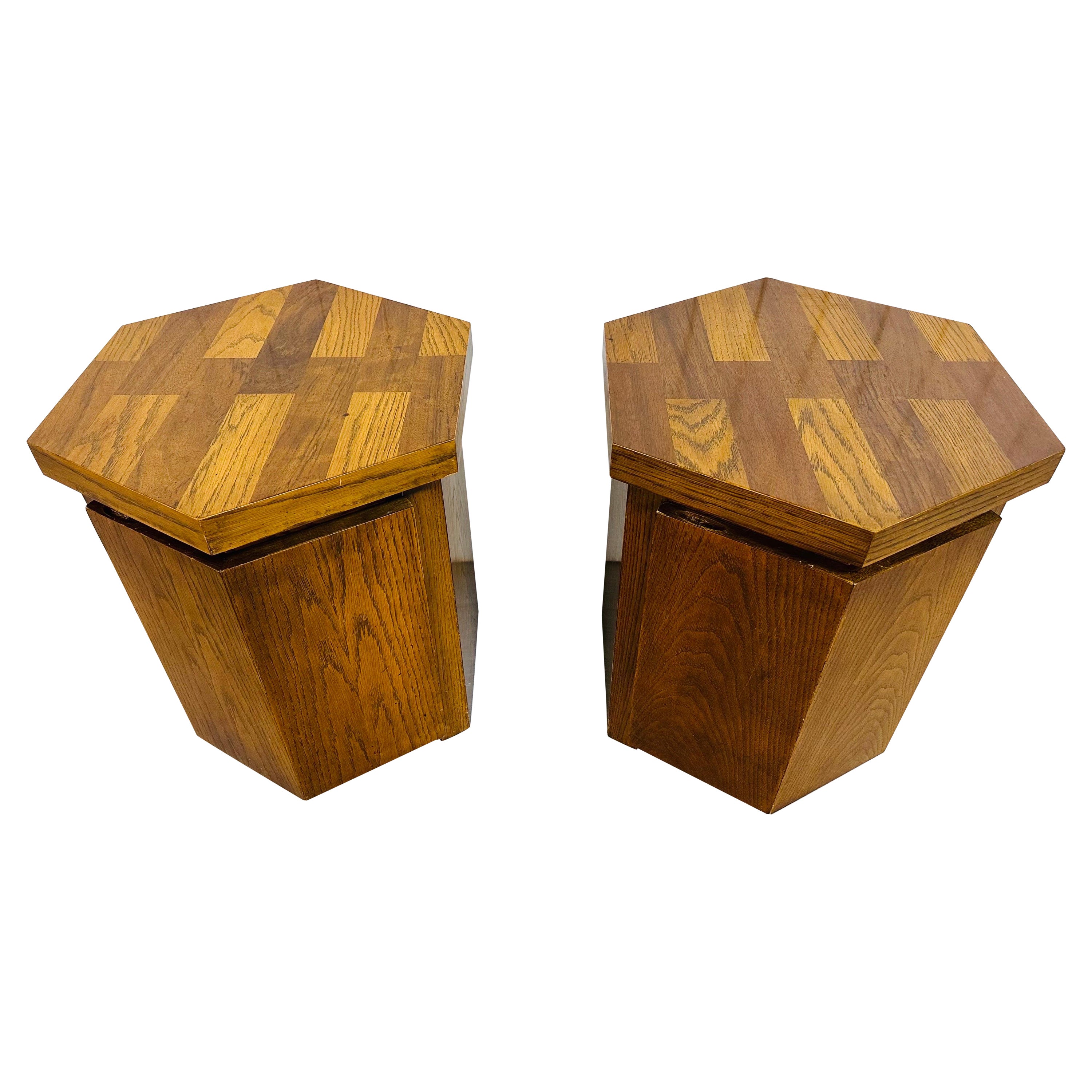 Vintage Lane Hexagonal Oak Side Tables - Set of 2 For Sale