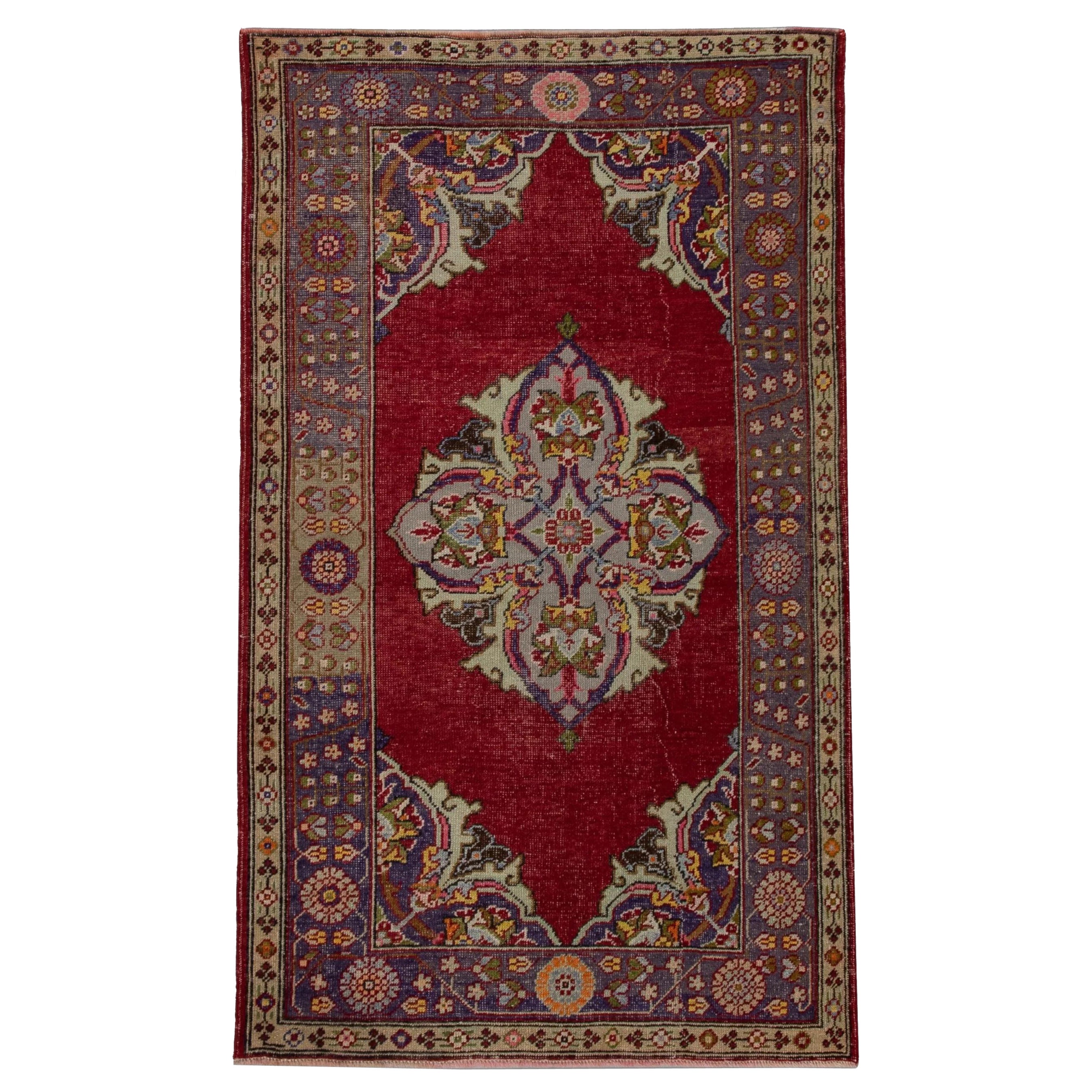 Red Multicolor Handwoven Wool Vintage Turkish Oushak Rug 4' x 6'6" For Sale
