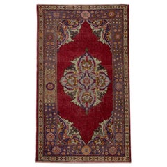 Alfombra Turca Oushak Vintage de Lana Multicolor Roja Tejida a Mano 4' x 6'6