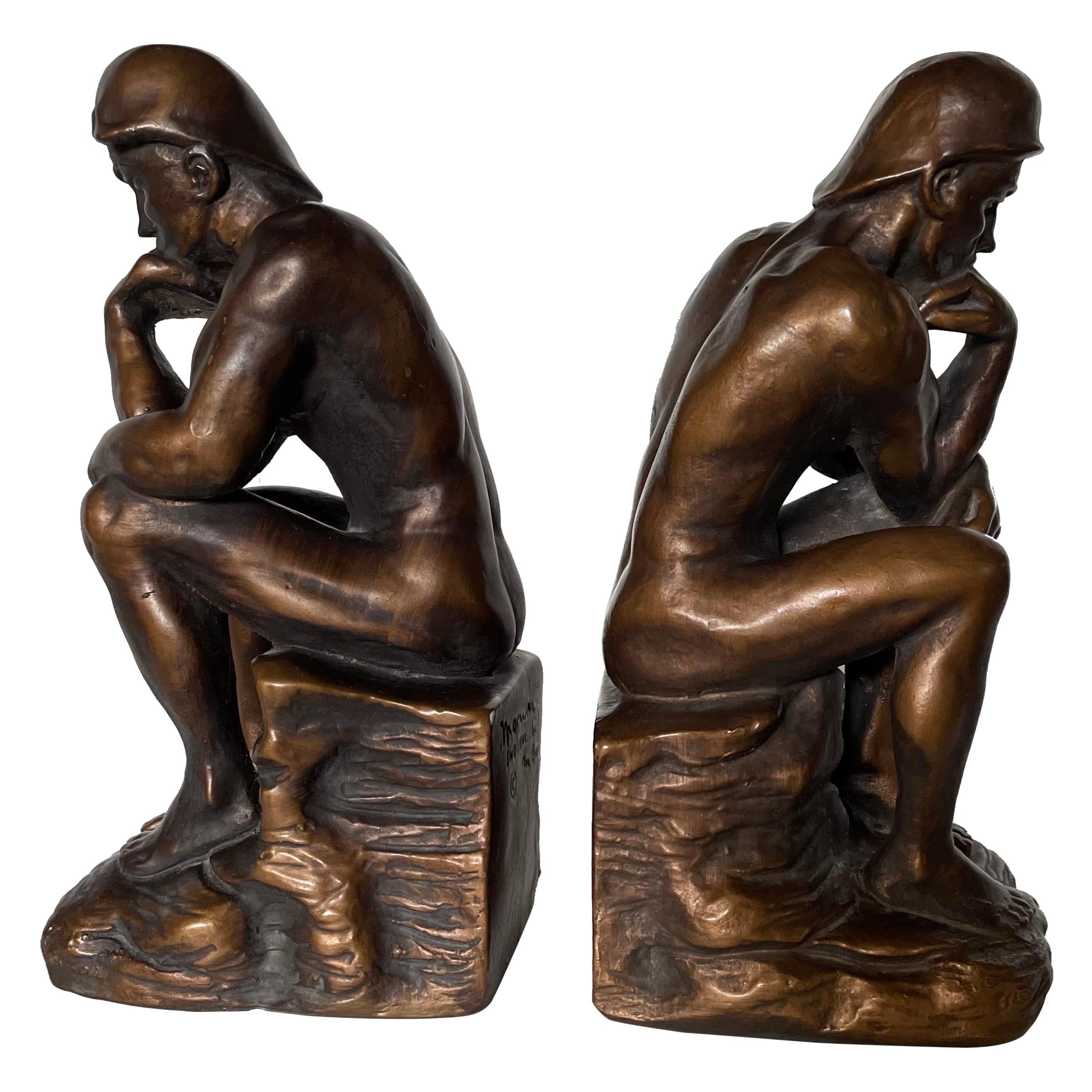 Pair of Antique Male Nude Figural Bookends - the Thinker, 1960s For Sale